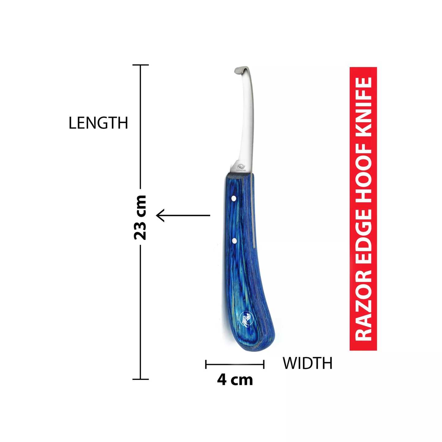 Equine Care narrow blade hoof knife showing dimensions, 23 cm length and 4 cm handle width, razor-edge J2 steel hoof trimming tool with ergonomic blue handle