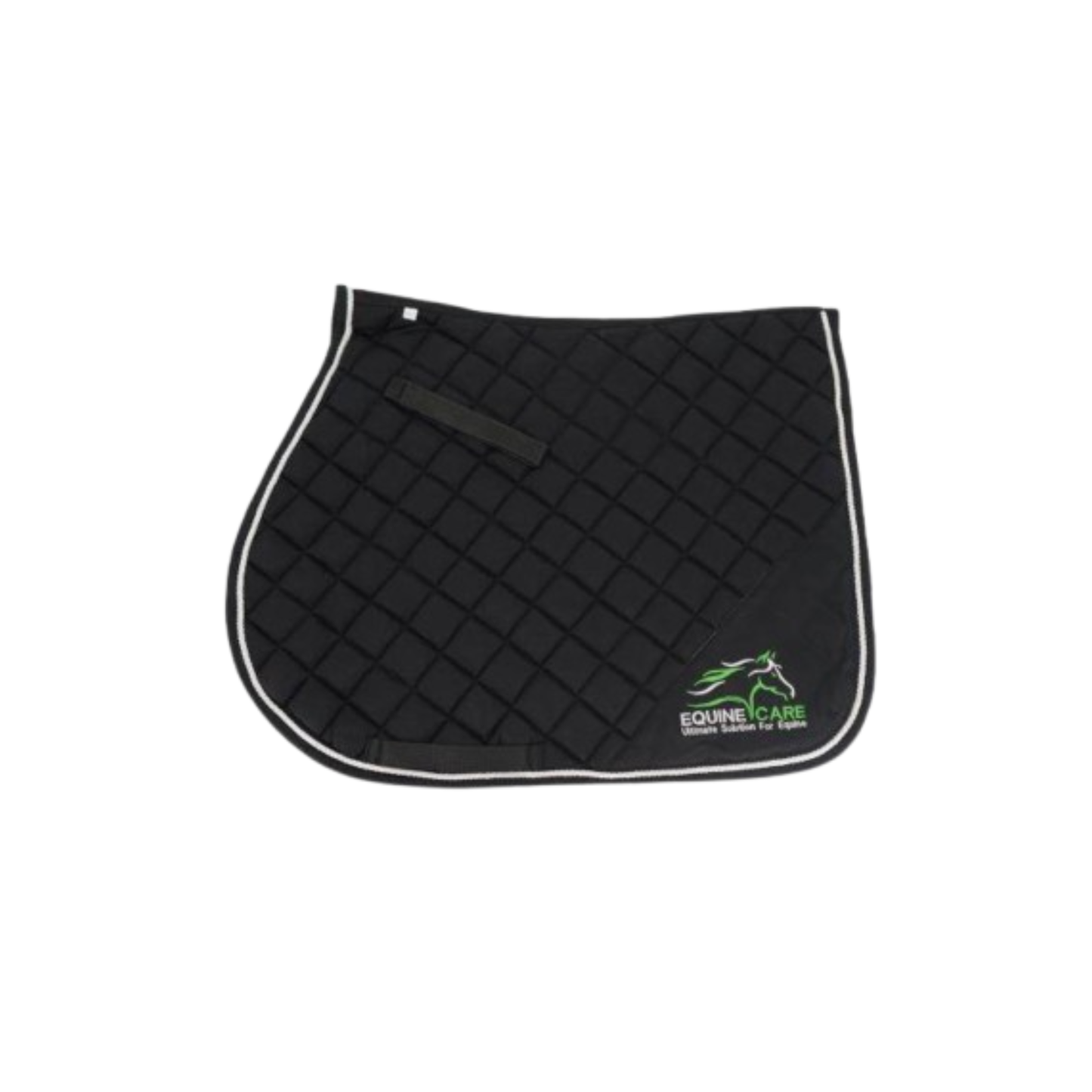 Centered view of black quilted all purpose English saddle pad by Equine Care with billet strap and logo