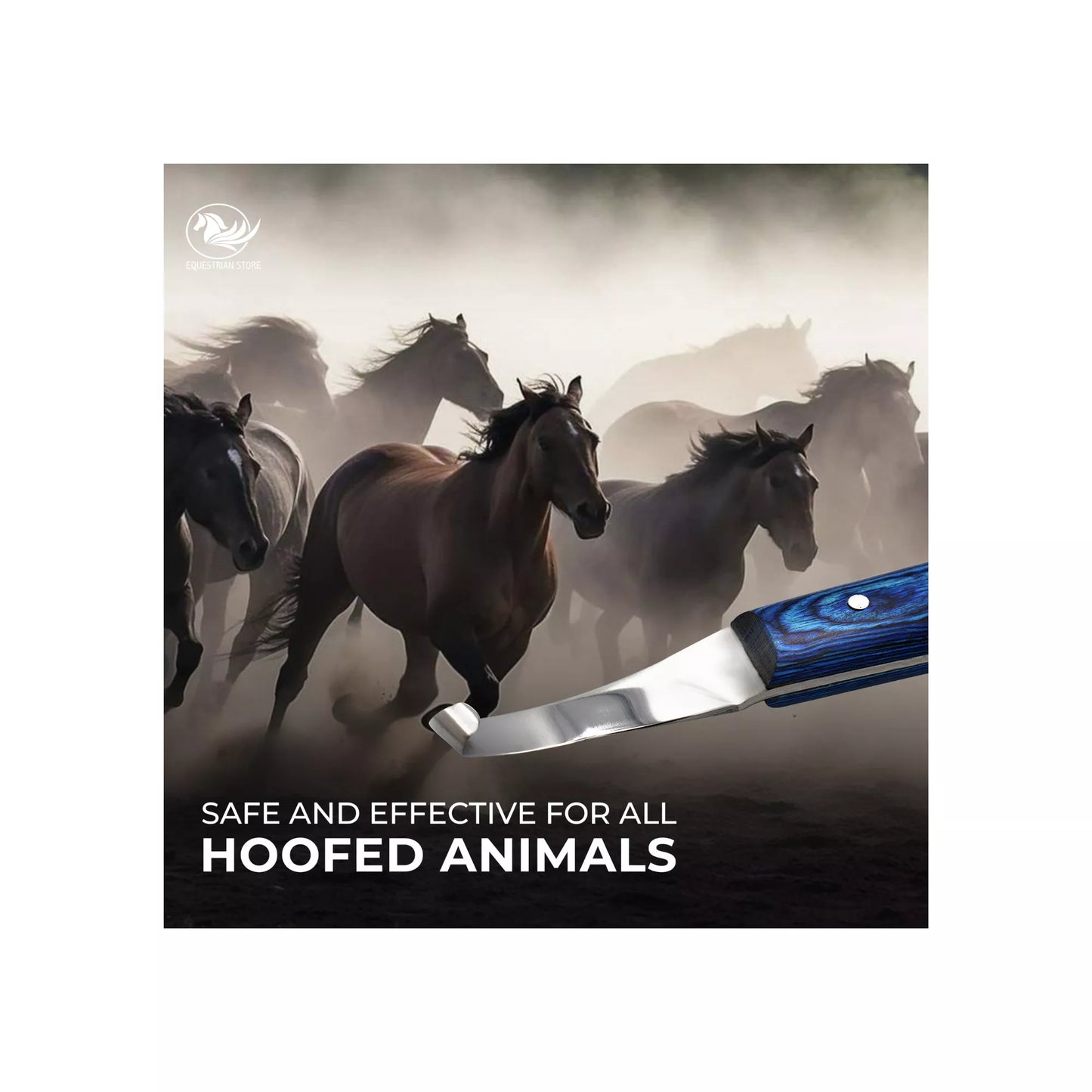 Equine Care razor edge hoof knife shown with running horses, emphasizing safe and effective hoof trimming for all hoofed animals