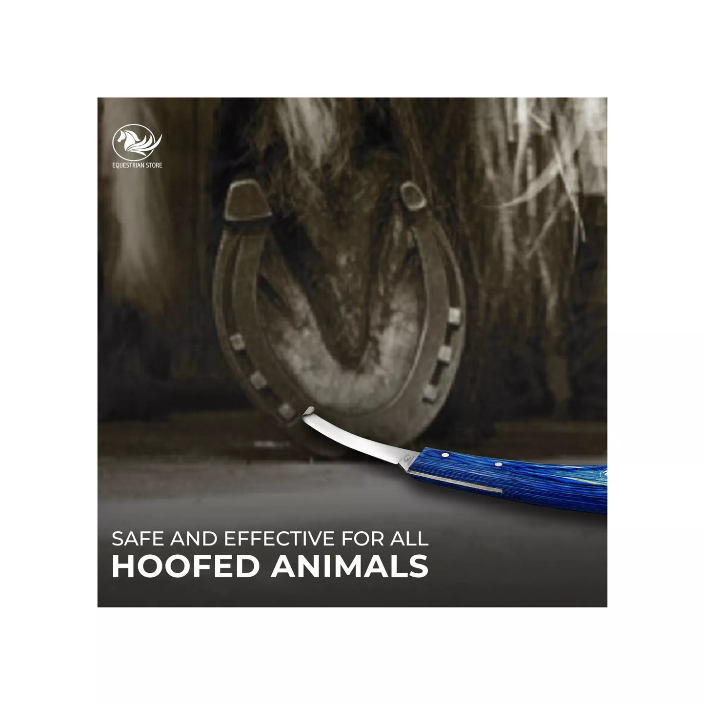 Equine Care razor edge hoof knife shown near a horseshoe, highlighting safe and effective hoof trimming for all hoofed animals including horses and livestock