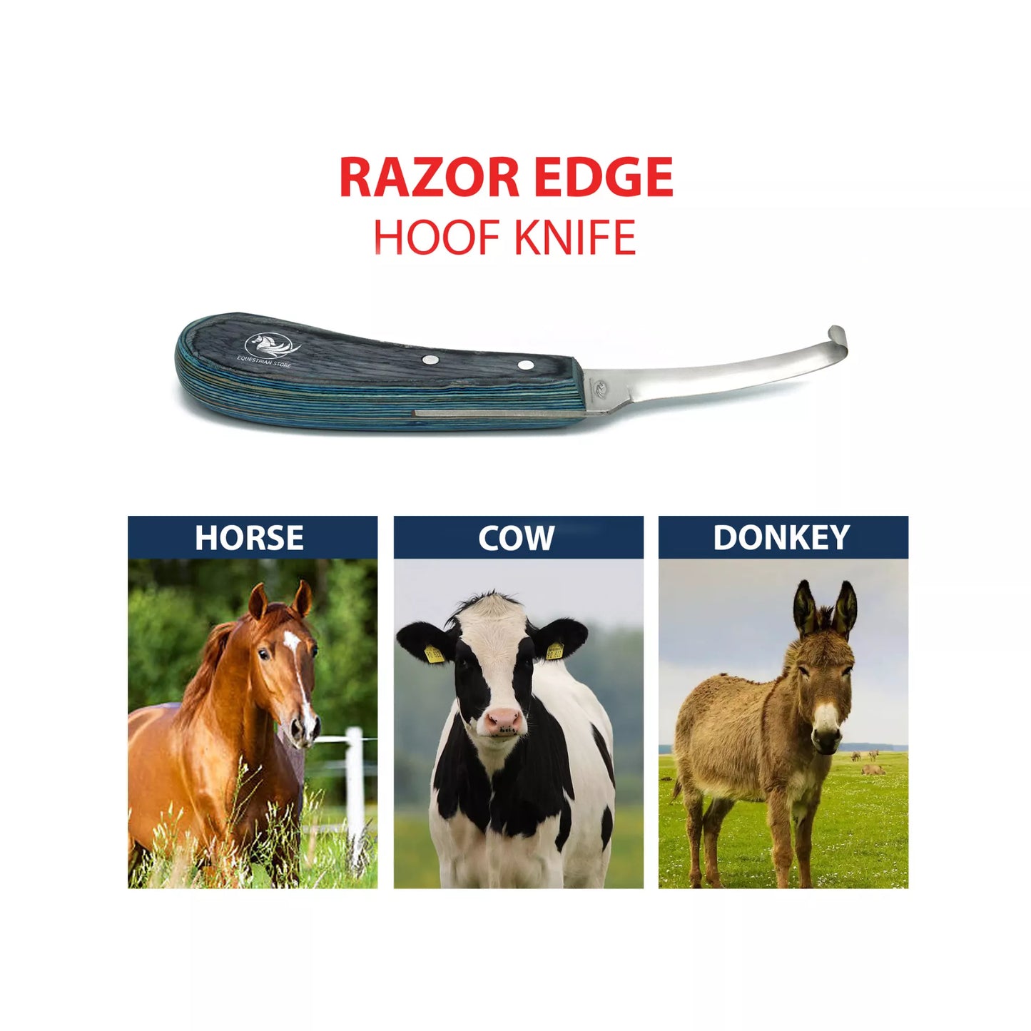 Equine Care razor edge hoof knife shown for use on horse, cow, and donkey hooves, featuring a sharp J2 steel blade for precise trimming across hoofed animals