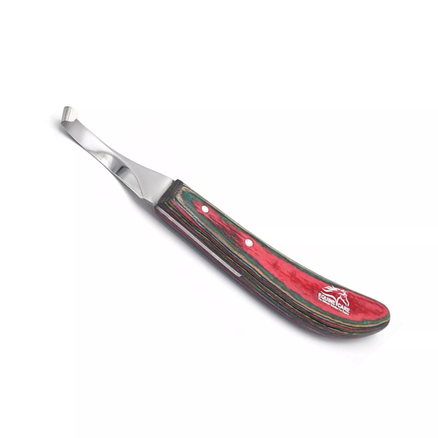 Equine Care red farrier hoof trimming knife with curved razor-sharp steel blade and ergonomic laminated handle for precise professional hoof trimming right hand.