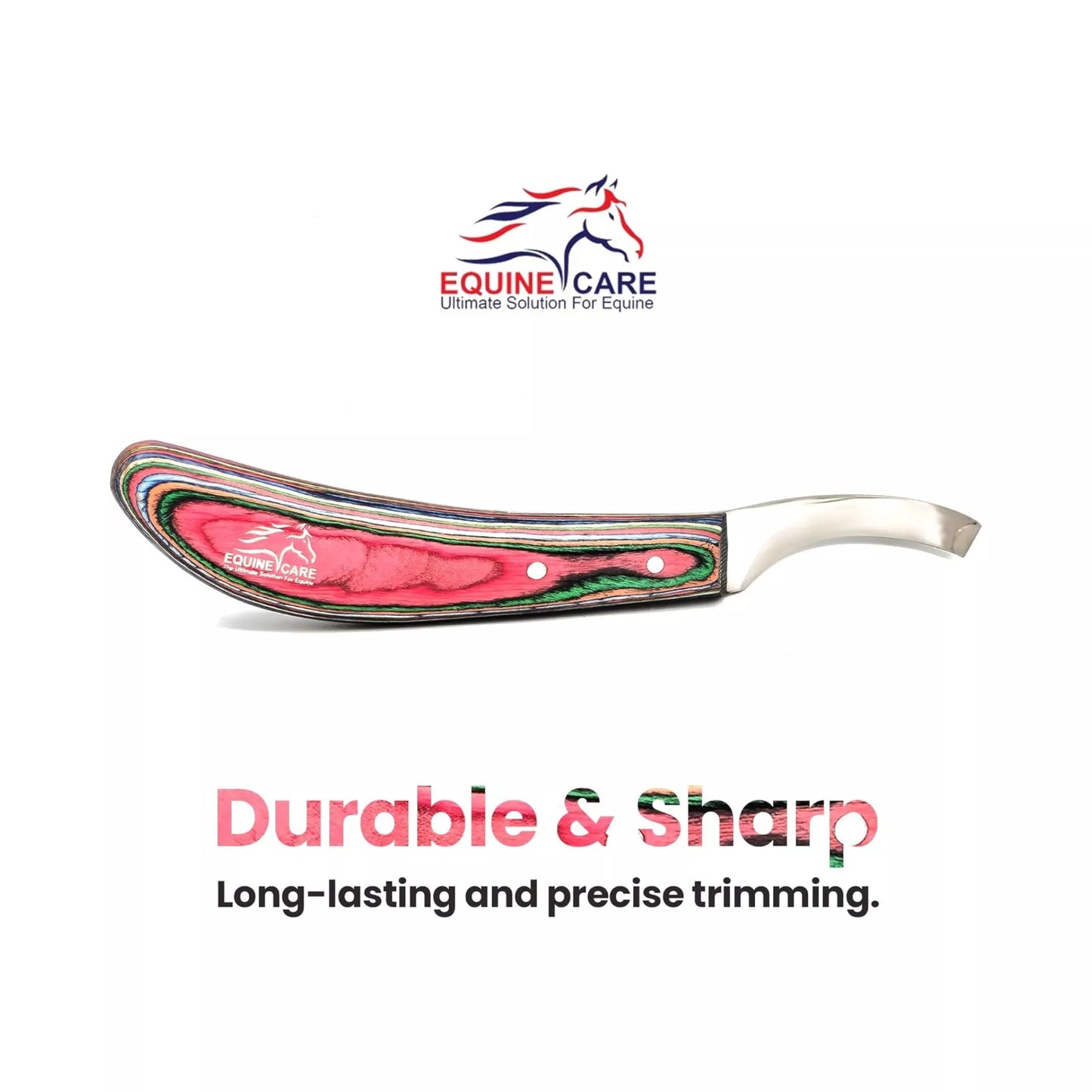 Equine Care red farrier hoof trimming knife highlighting durable construction and sharp J2 steel blade for long-lasting, precise hoof trimming