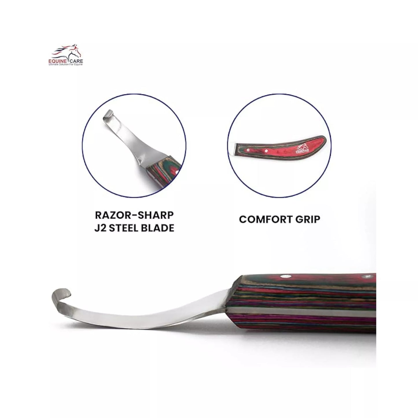 Equine Care red farrier hoof trimming knife highlighting razor-sharp J2 steel blade and ergonomic comfort-grip laminated handle for precise hoof trimming