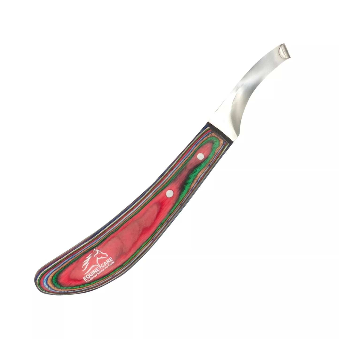 Equine Care red farrier hoof trimming knife featuring a razor-sharp steel blade and ergonomic laminated handle for precise and controlled hoof trimming