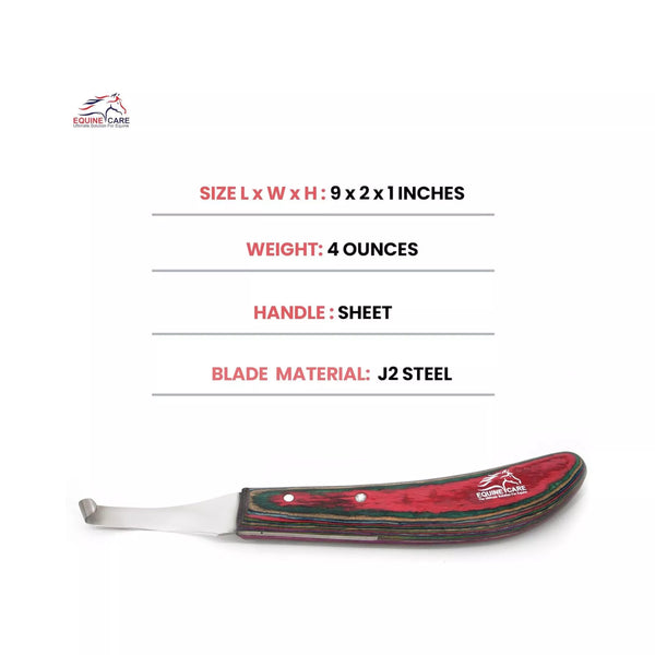 Equine Care red farrier hoof trimming knife showing size 9×2×1 inches, 4-ounce weight, sheet handle, and J2 steel blade material for professional hoof trimming