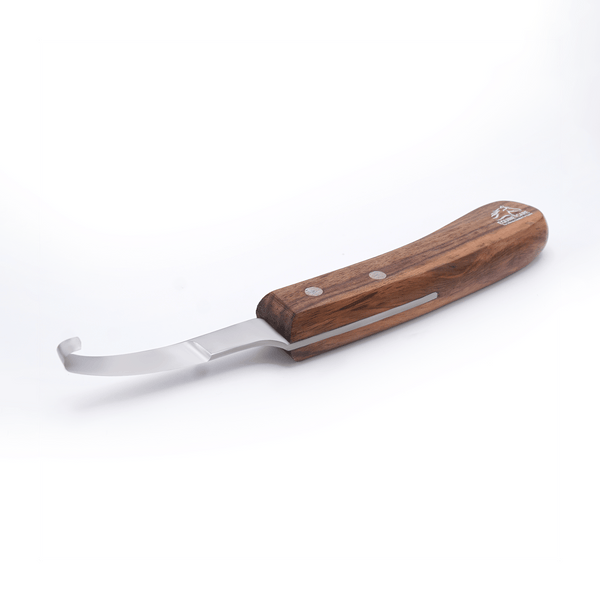 Angled view of Equine Care short blade farrier hoof knife featuring a J2 stainless steel blade and ergonomic wooden handle for precise hoof trimming