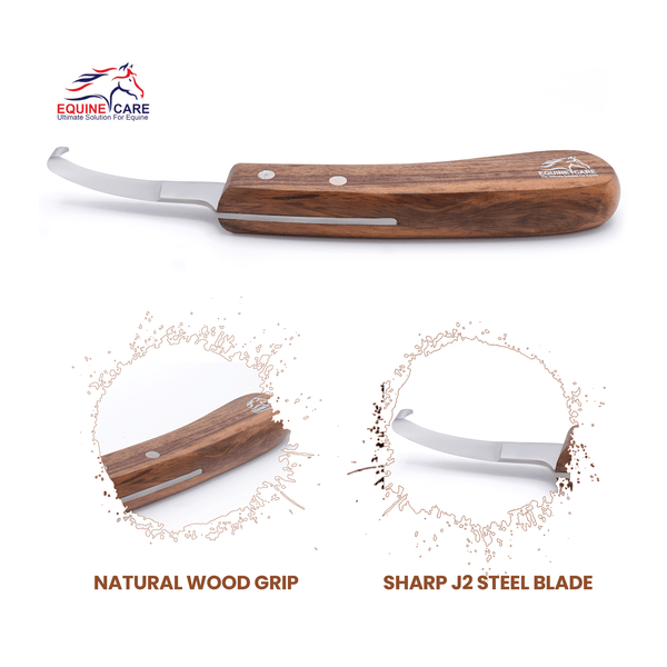 Equine Care short blade farrier hoof knife highlighting natural wooden grip and sharp J2 stainless steel blade for precise and comfortable hoof trimming