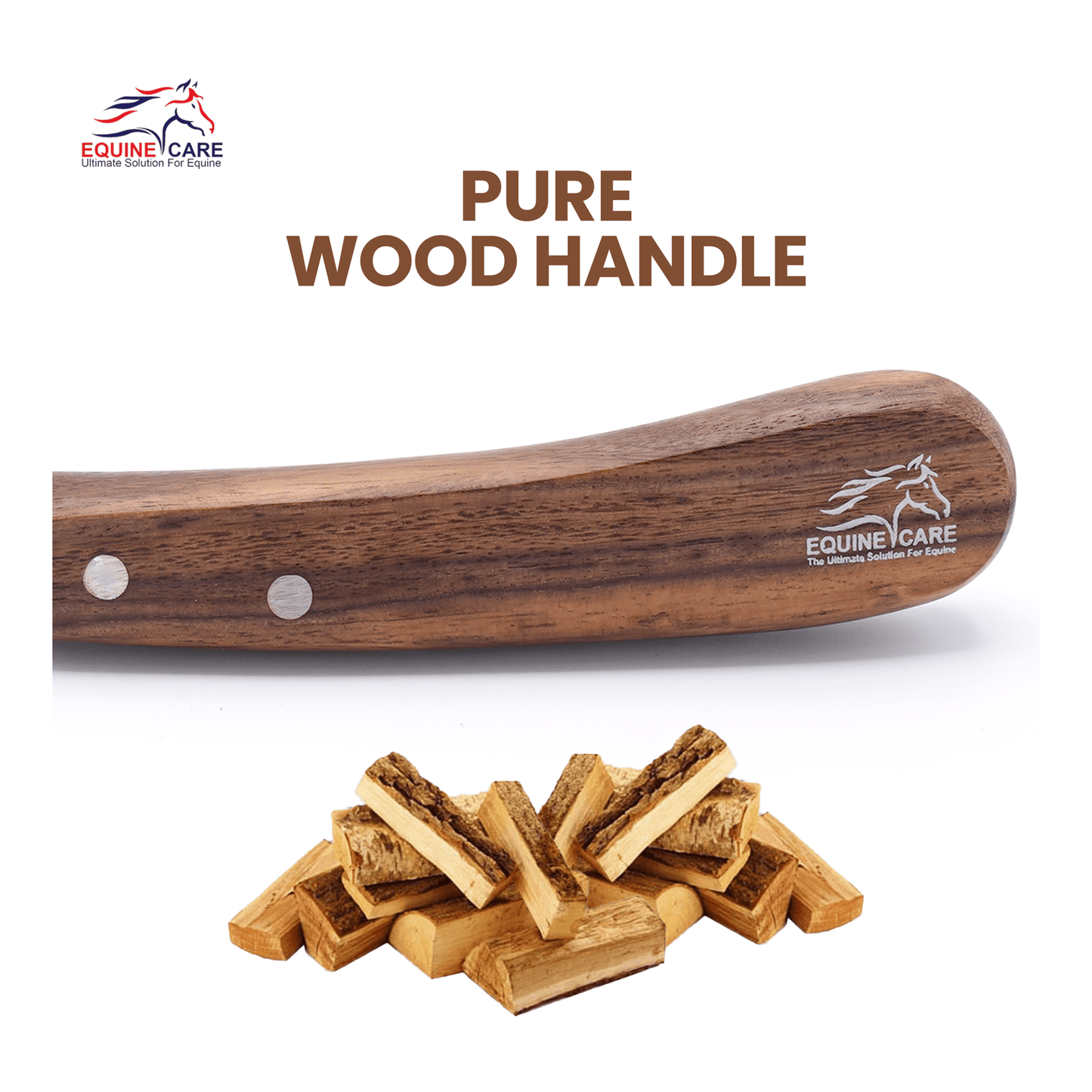 Close-up of Equine Care short blade farrier hoof knife highlighting pure wooden handle design for a comfortable, durable grip during hoof trimming