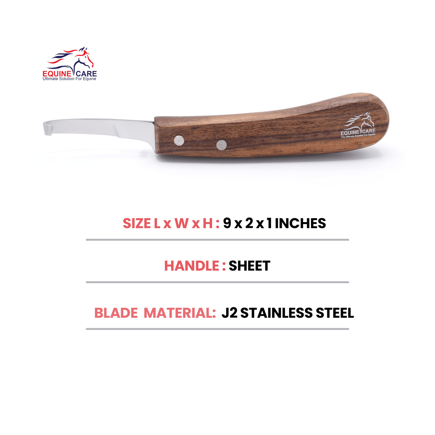 Equine Care short blade farrier hoof knife showing size 9×2×1 inches, sheet handle, and J2 stainless steel blade material for precise professional hoof trimming