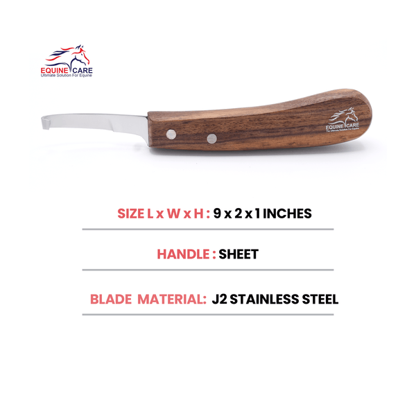 Equine Care short blade farrier hoof knife showing size 9×2×1 inches, sheet handle, and J2 stainless steel blade material for precise professional hoof trimming