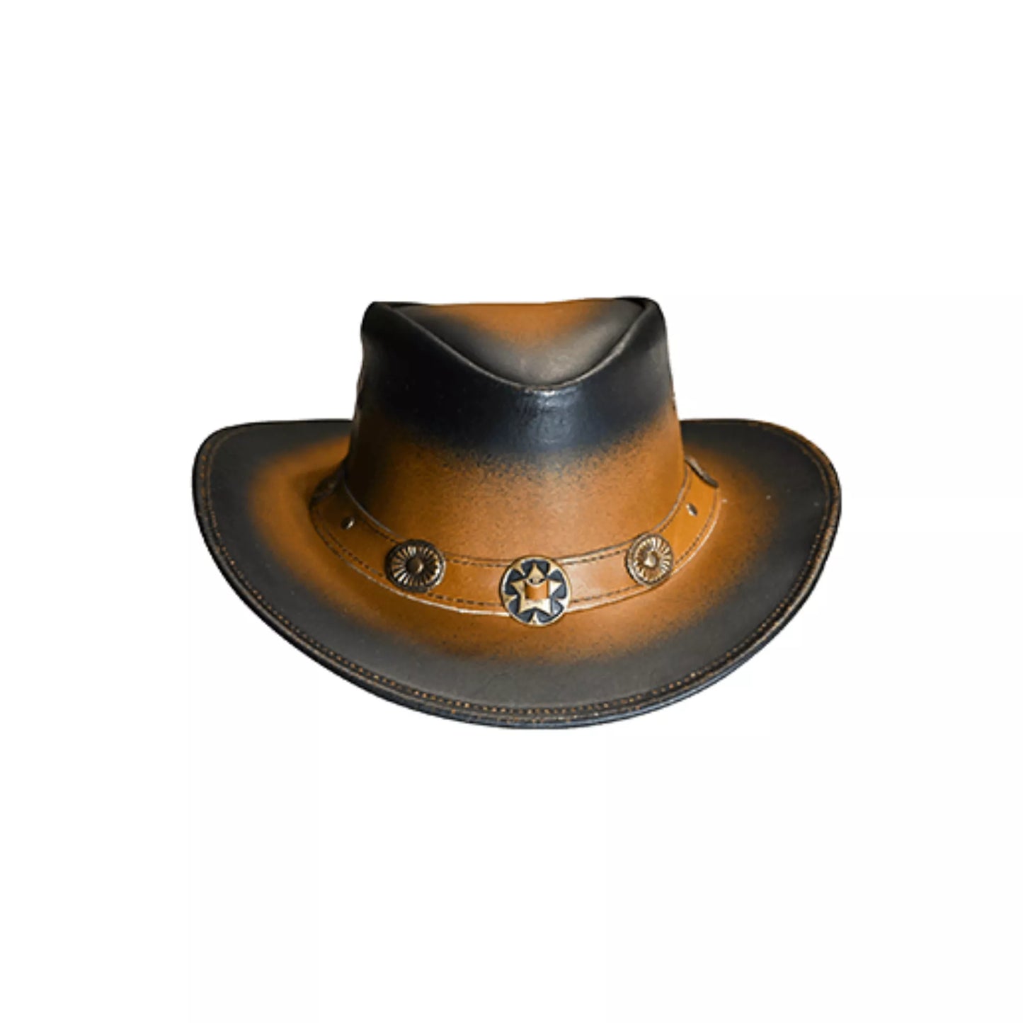 Angled view of Equine Care two-tone leather cowboy hat highlighting western crown shape and decorative concho band