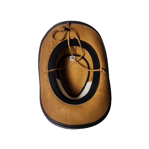 Interior view of Equine Care two-tone leather cowboy hat showing soft sweatband adjustable fit and breathable crown