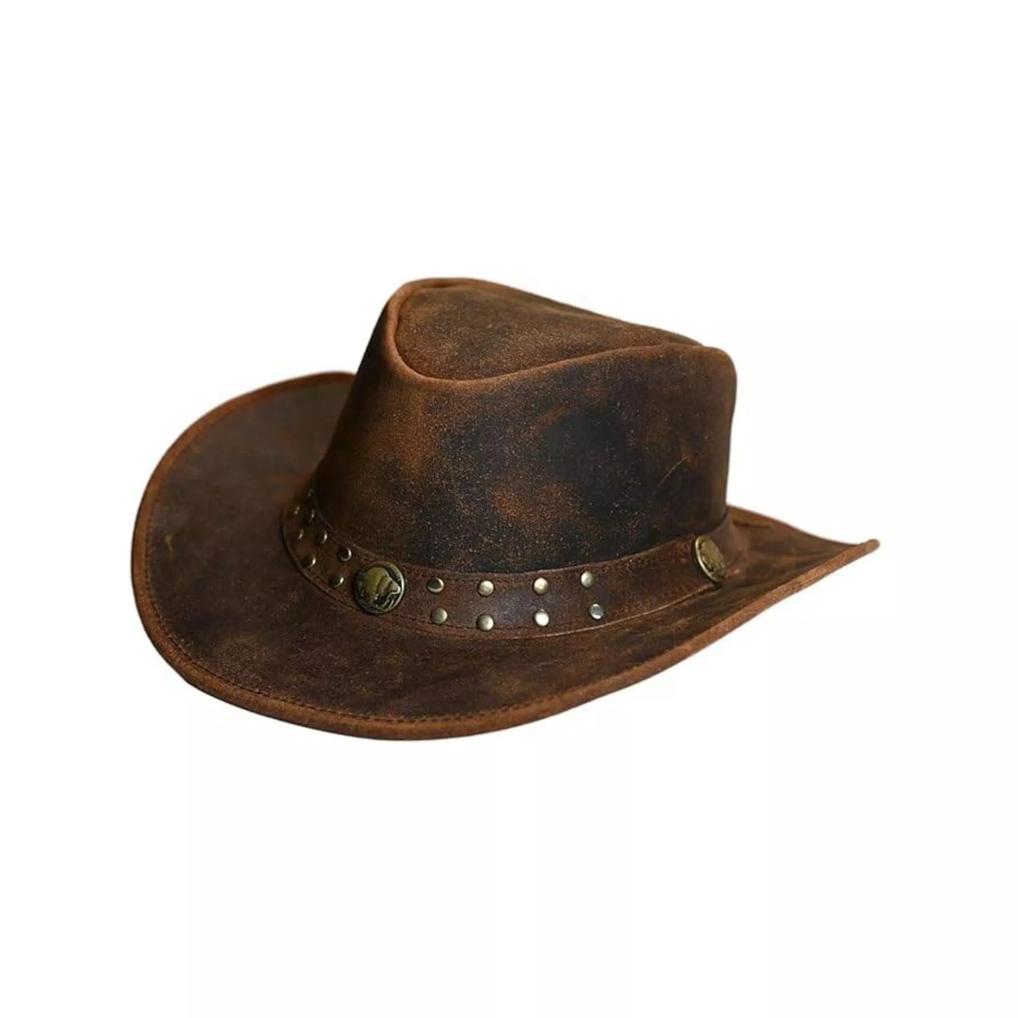 Distressed brown leather cowboy hat made from genuine cowhide with classic western crown and shapeable brim
