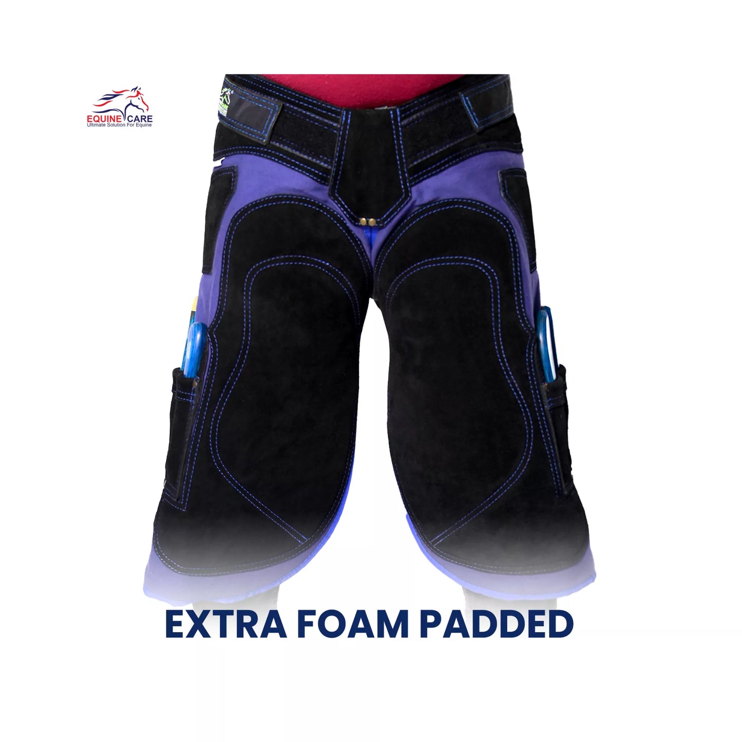 Front view of black and blue extra foam padded farrier chaps with reinforced thigh panels and side tool pockets, designed for professional horse shoeing and hoof care work