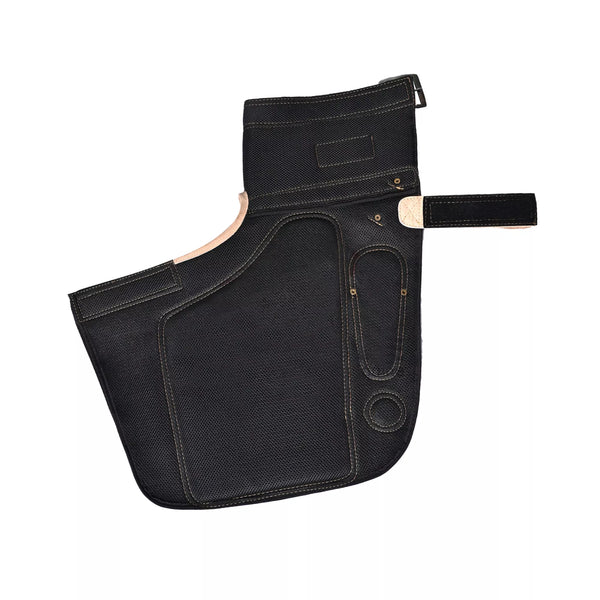 Back side view of Femme Farrier Apron 25-inch showing black durable backing, reinforced stitching, adjustable waist strap, and contoured shape for comfortable professional farrier work