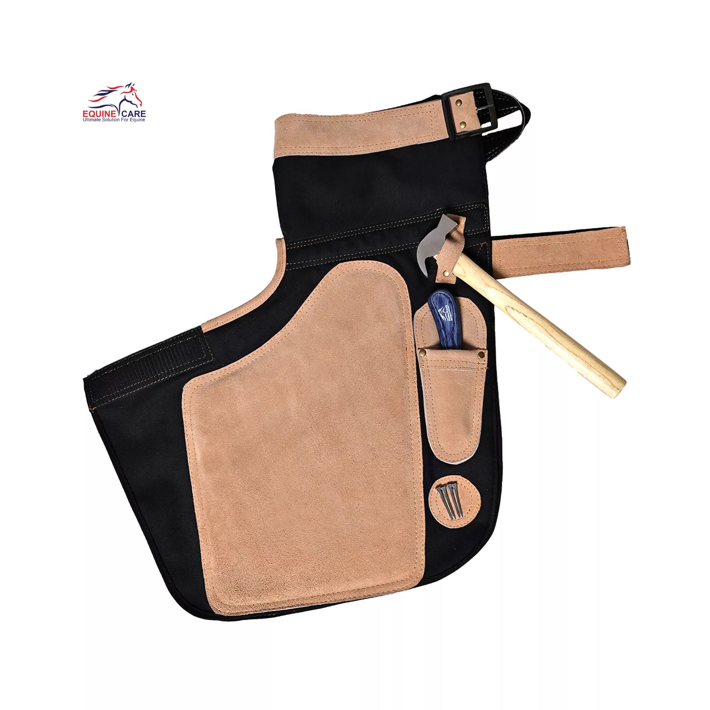 Side view of Femme Farrier Apron 25-inch featuring beige suede thigh protection, black leather body, adjustable waist strap, hammer loop, and tool pocket for professional women farriers during horse shoeing and hoof care work