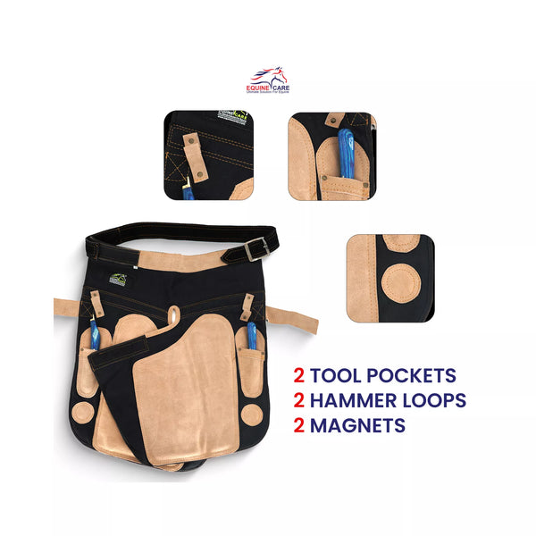 Front view of Femme Farrier Apron 25-inch with beige suede panels, showing two tool pockets, two hammer loops, and two built-in magnets for organized and efficient professional farrier work