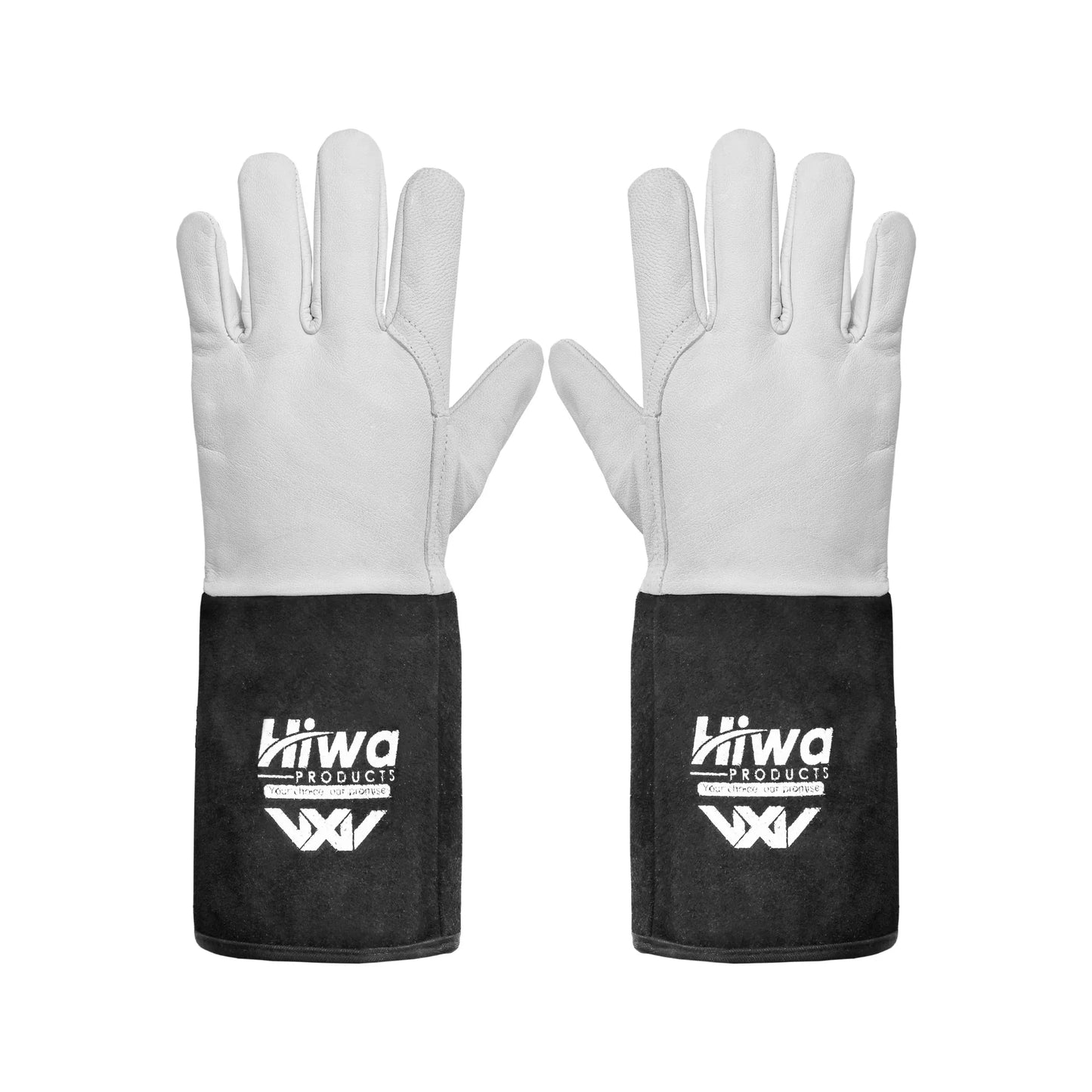 Front view of heat resistant gloves with white leather palm and black extended cuffs for welding and forging.
