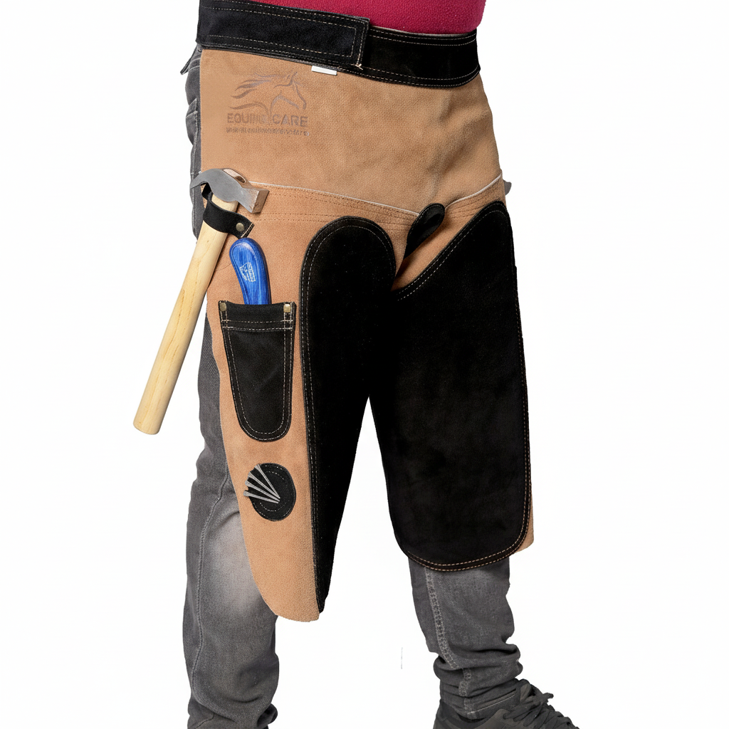 Side view of Equine Care beige and black leather farrier apron USA with visible Equine Care logo, hammer loop, hoof knife pocket, magnetic nail holder, and suede padding for hoof trimming.