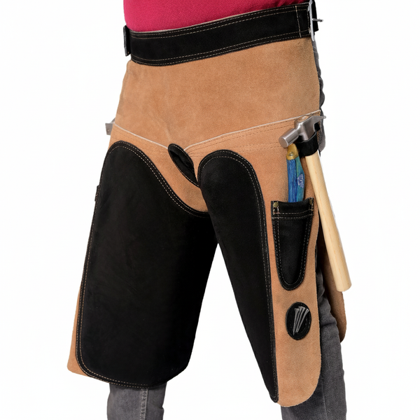 Side view of Equine Care beige and black leather farrier apron USA with visible Equine Care logo, hammer loop, hoof knife pocket, magnetic nail holder, and suede padding for hoof trimming.