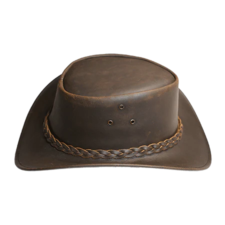 Back view of genuine buffalo leather cowboy hat with braided band rustic matte finish and durable construction