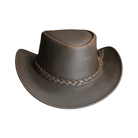 Front view of genuine buffalo leather cowboy hat showing wide brim vented crown and braided leather hatband