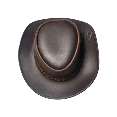 Top view of genuine buffalo leather cowboy hat highlighting western crown shape and hand rubbed distressed leather