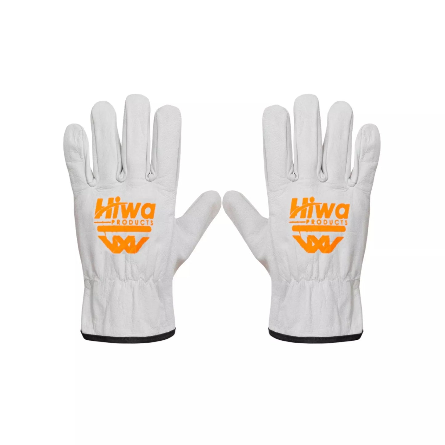 White goatskin leather work gloves showing front view with Hiwa logo for durable hand protection