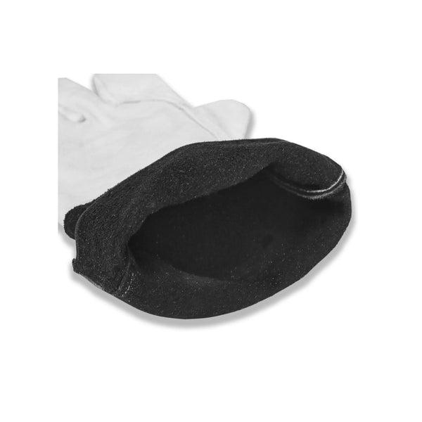 Close-up of glove cuff interior showing thick heat resistant lining for wrist and forearm protection.