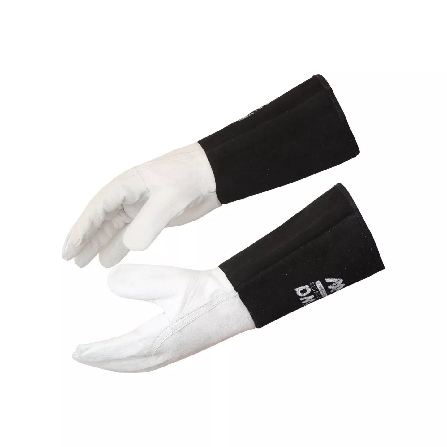 Heat resistant leather work gloves with extended black cuffs shown from the side for forearm protection.