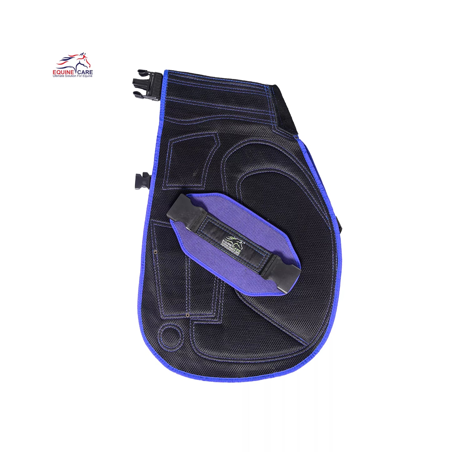 Black and blue padded single-leg farrier chap with contoured thigh protection, adjustable knee block, and durable straps for professional horse shoeing and farrier work