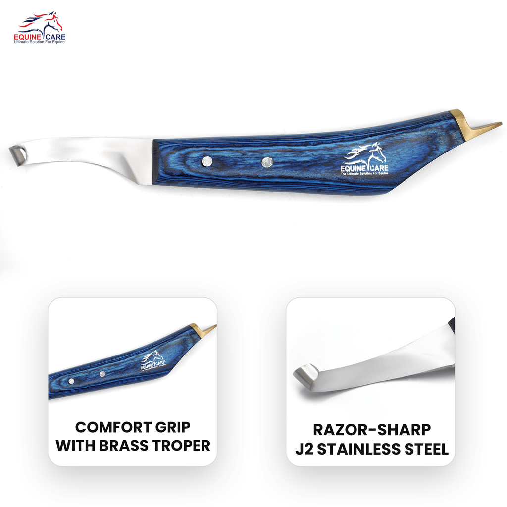 Precision Hoof Knife for Horses, J2 Steel, Right & Left, Blue
