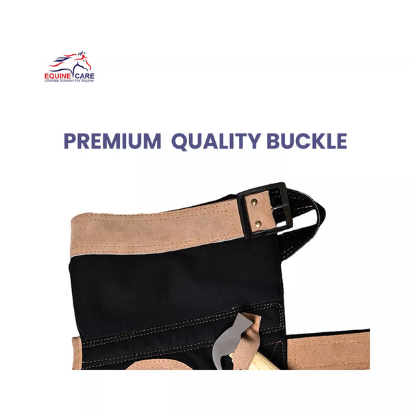 Close-up of premium metal buckle and reinforced strap on Femme Farrier Apron 25-inch, designed for secure fastening and long-lasting durability during professional farrier work