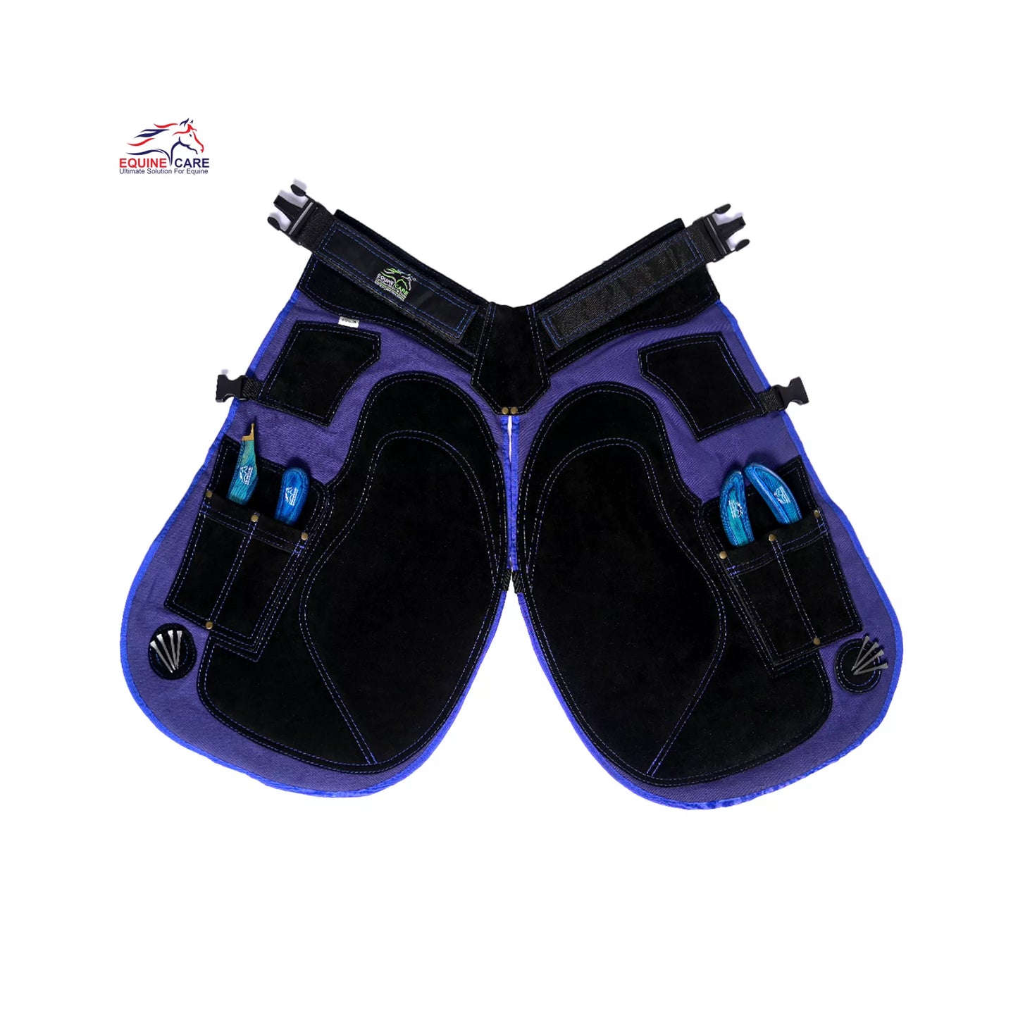 Black and blue professional farrier chaps with reinforced thigh protection and multiple tool pockets, designed for horse shoeing and hoof care work