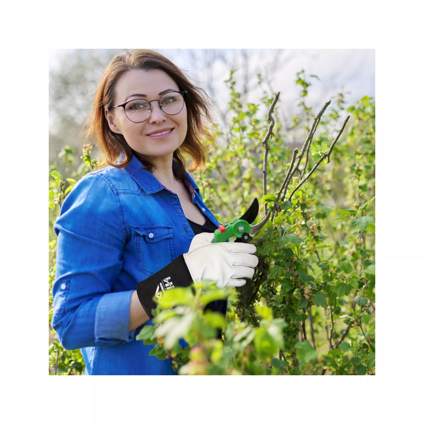 Person wearing heat resistant gloves while handling cutting tools outdoors, showing comfort and grip control.