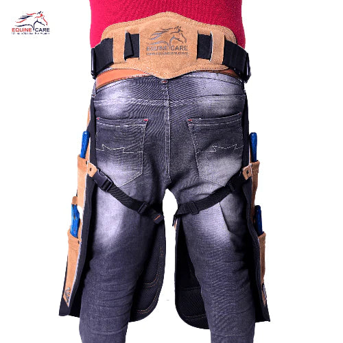 Equine Care 23-29 Inch Rugged Suede Leather Farrier Apron - Black with Beige Back Support
