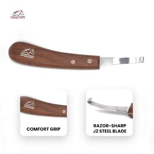Cuchillo Elite para cascos de caballos (derecho e izquierdo), hoja corta, mango de madera