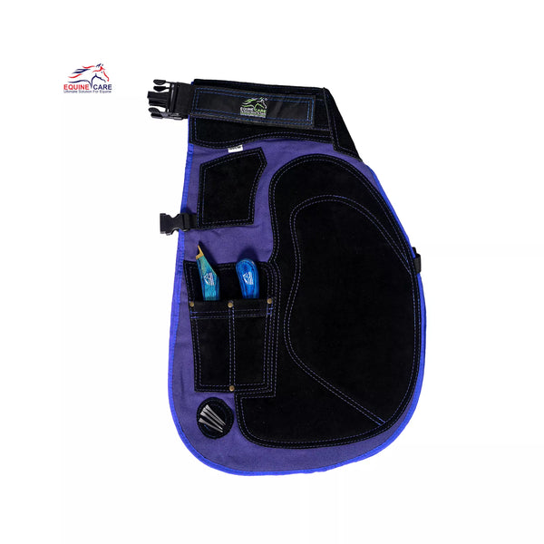 Blue and black single-leg farrier chap featuring reinforced thigh protection, adjustable straps, and built-in tool pockets for professional horse shoeing and hoof care work