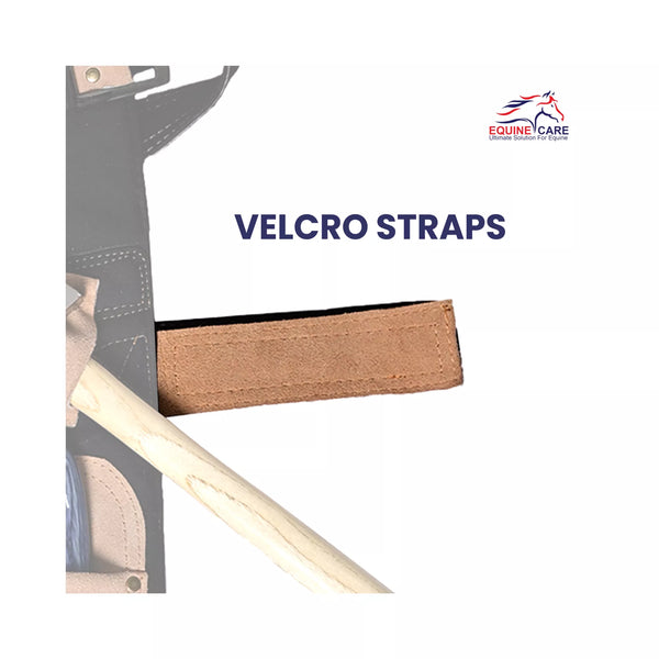 Close-up of beige suede Velcro strap on Femme Farrier Apron 25-inch, showing adjustable hook-and-loop fastening for a secure and comfortable fit during farrier work