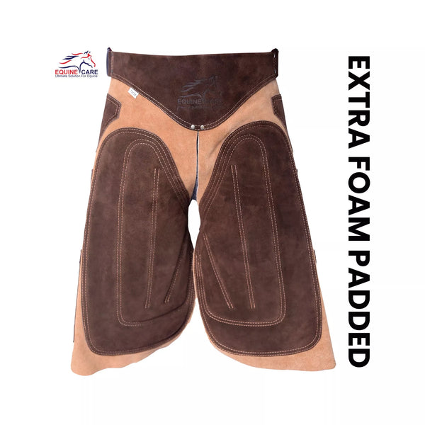 Premium beige suede leather farrier apron with EVA foam padding and canvas panels