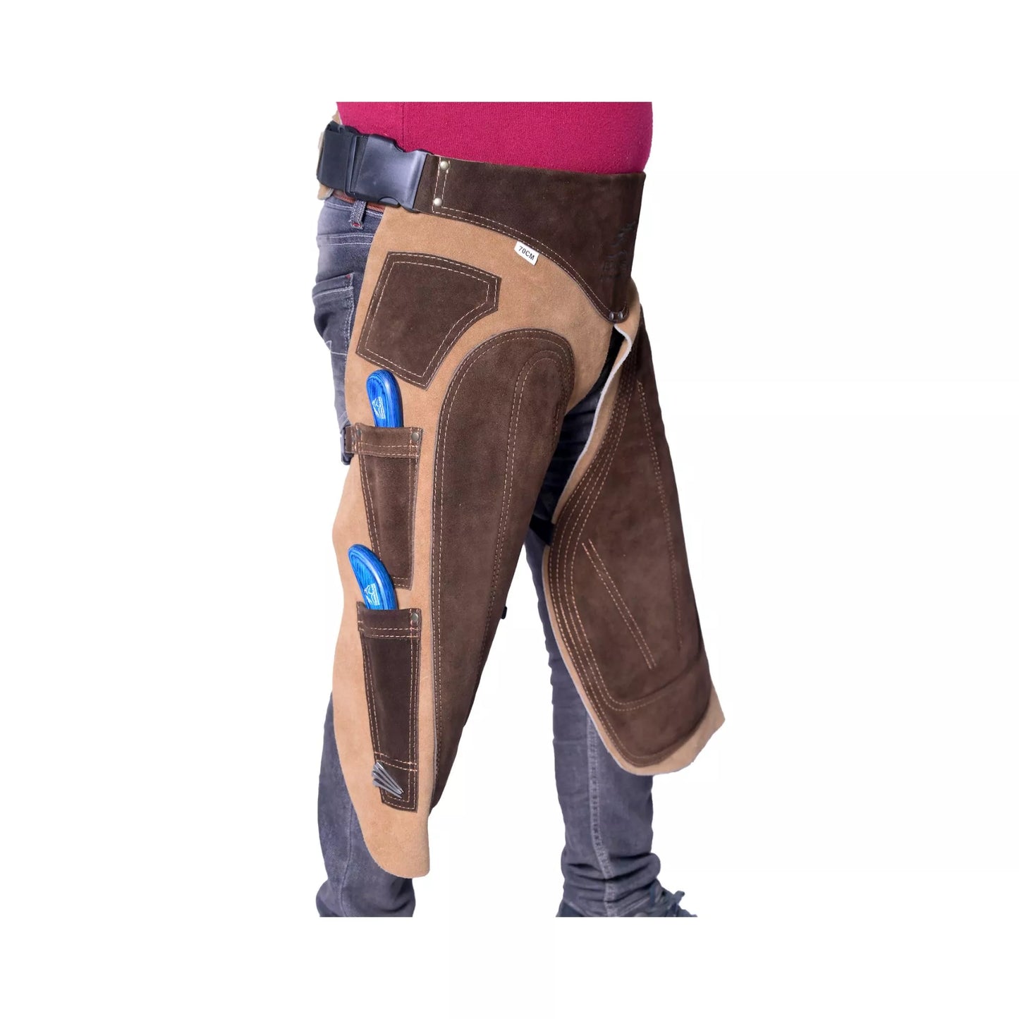 Premium beige suede leather farrier apron with EVA foam padding and canvas panels