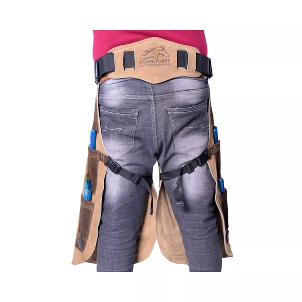 Durable beige leather farrier apron with back support and foam-padded thighs