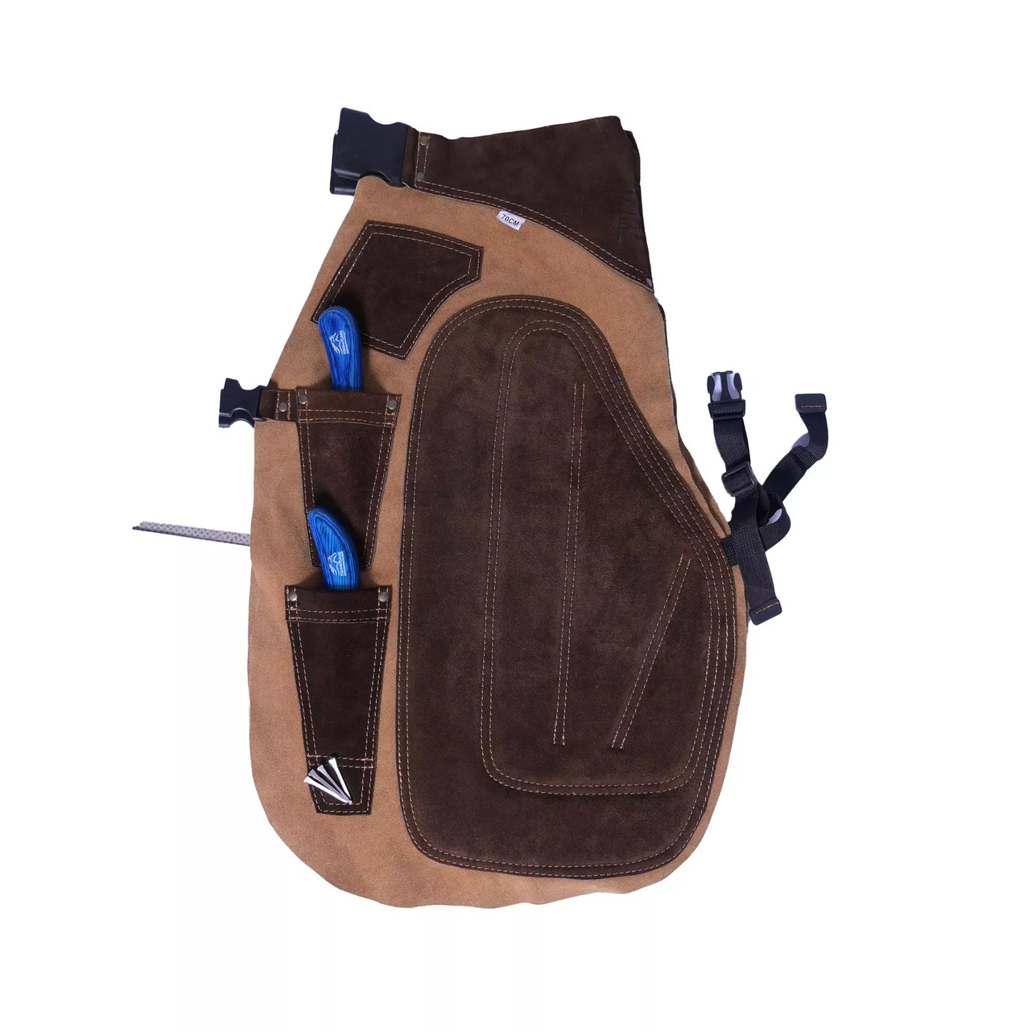 Durable beige leather farrier apron with back support and foam-padded thighs