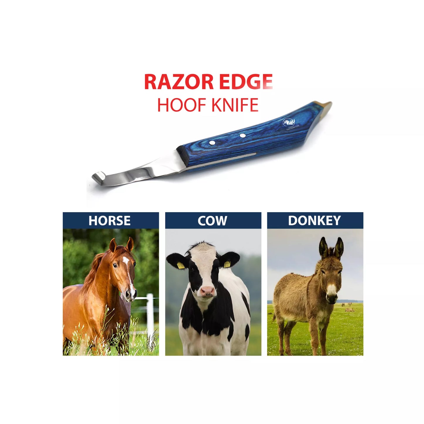 Brass Topper Farrier Hoof Knife – J2 Steel Blade, Ergonomic Blue Handle