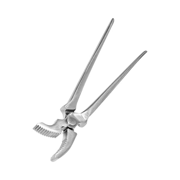 Angled view of curved jaw clincher farrier tool showing band jaw grip and ergonomic handles for precise clinching
