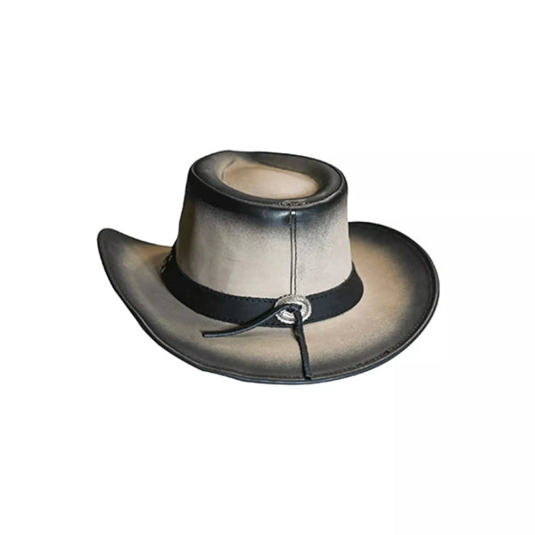 back view of equinecares long horn leather cowboy hat with adjustable leather chin strap and reinforced brim edge