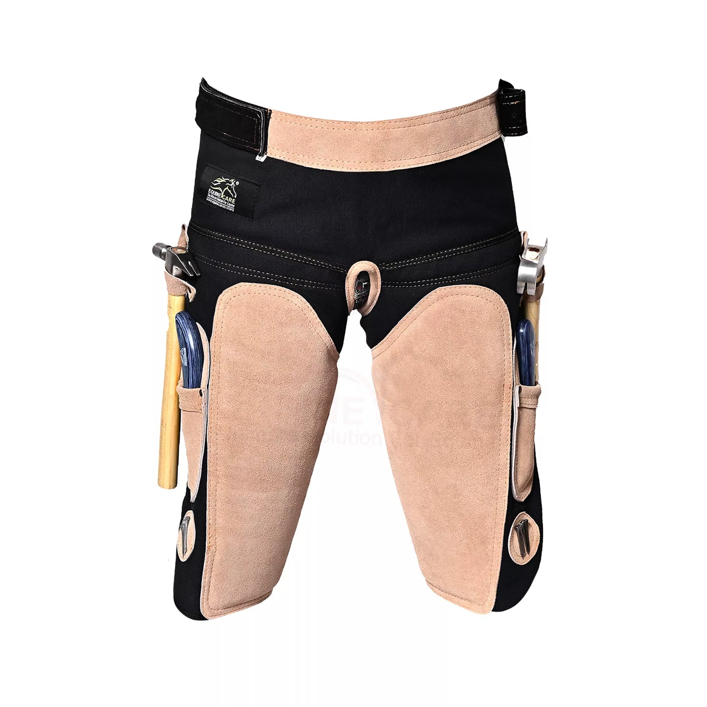 Front view of Femme Farrier Apron 25-inch featuring black waist support, beige suede thigh panels, integrated hammer loop, and side tool pockets designed for women farriers during horse shoeing and hoof care work