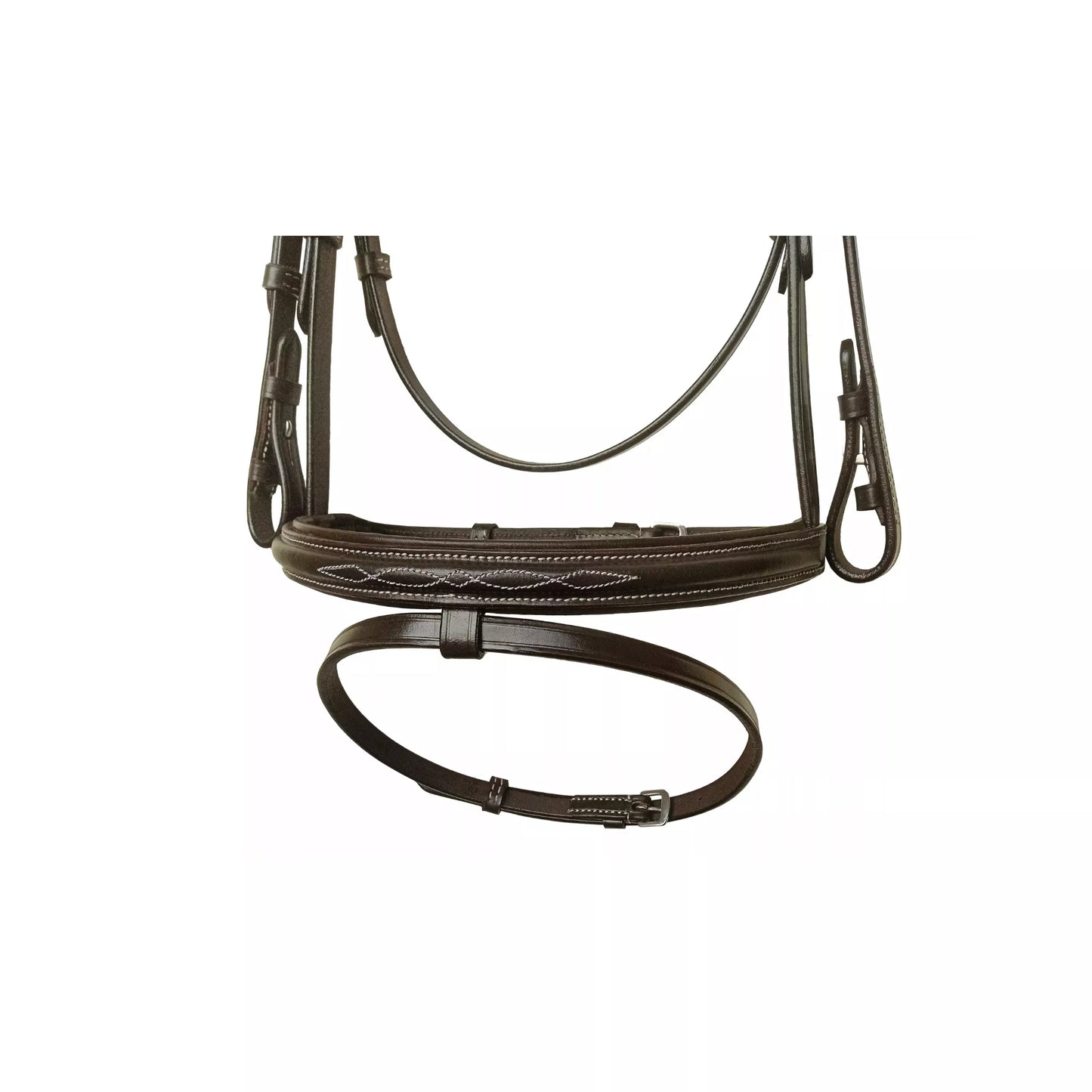 English Leather Horse Bridle with fancy-stitched browband and padded crown by Equine Care.