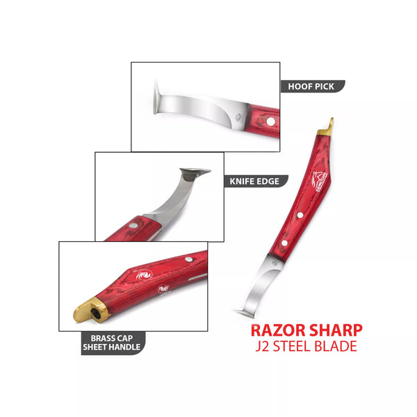 Hoof Pick Farrier Knife Tool – Red Grip, J2 Steel Blade, Brass Topper